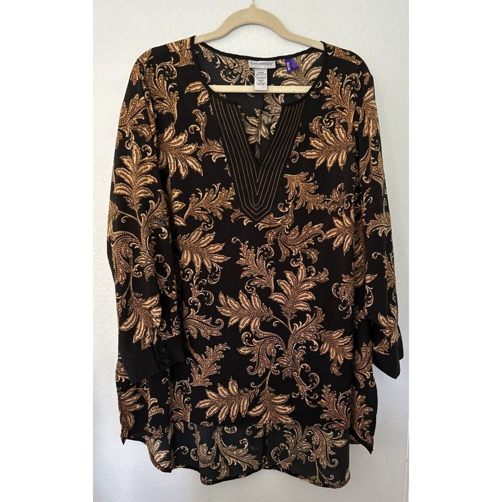 Catherines 2XWP (22/24WP) Black & Gold Print Blouse Hi-Lo w/ Convertible Sleeves